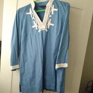 Brooks Brothers Blue and White Tunic with V-Neck Collar
